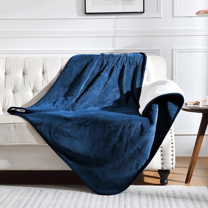 Soft Waterproof Blanket for Bed Couch Sofa, Navy Blue, 50x60 inches | Liquid Pee Proof Pet Blanket for Dog Puppy Cat, Reversible Sherpa Fleece Blanket for Couch Cover, Furniture Protector