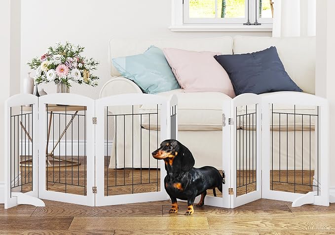 PAWLAND 6 Panels Dog Gate Indoor with Walk Through Door, Foldable FreeStanding Pet Gate for Doorways, Stairs, the Houes, Pet Puppy Safety Fence, 120 in Extra Wide, Support Feet Included, White