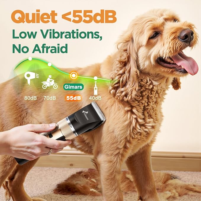Gimars Cordless 4 Speed 7000rpm Dog Clippers with 6 in 1 4CR Stainless Steel Dog Grooming Scissors Kits, Low Noise 55db Rechargeable Pet Hair Thick Coat Trimmer Cat Shaver Clippers Kit for Cat Pet