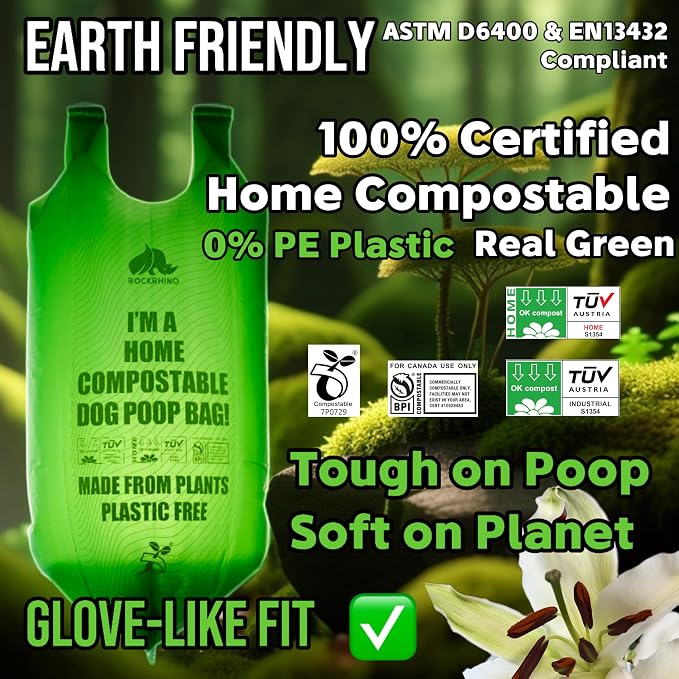 Ultra Thick & Deep RockRhino Dog Poop Bags for Large & XL Dogs | 4-Layer Interlocked Bottom, Certified Compostable | Vanilla Scent, 150 Bags, Easy Open Tie Handles | Fits Holder, Not Scooper