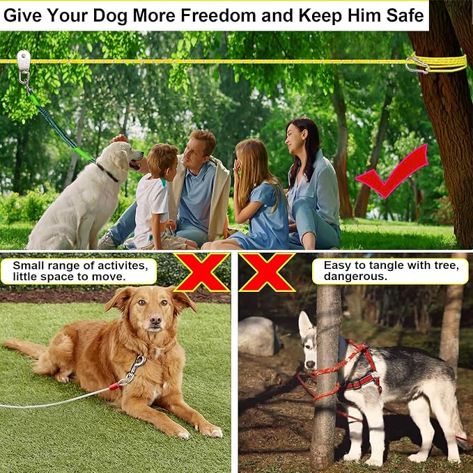 Dog Tie Out Cable for Camping, Dog Trolley System and 4ft Bungee Leash | Suitable for Dogs Up to 400lbs, Camping Yard andOutdoor Events