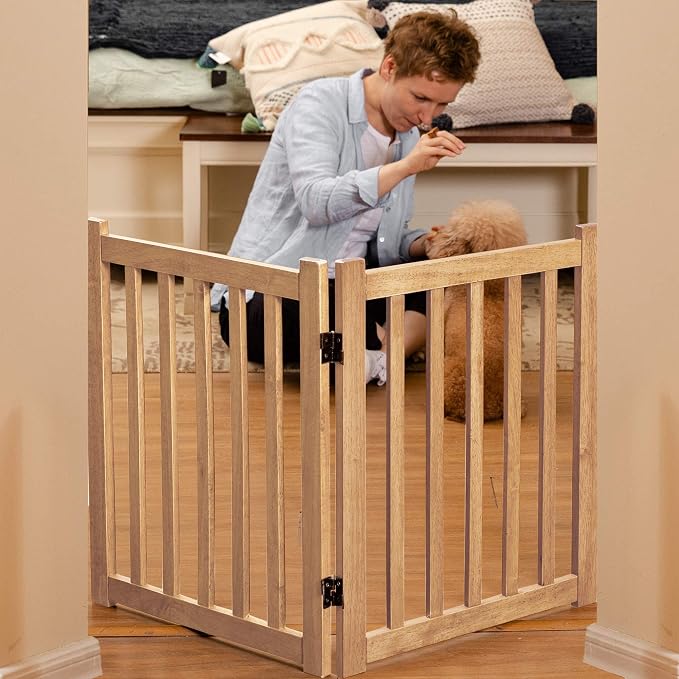 LZRS Wooden Free Standing Dog Gate 40" W x 24" H, Foldable Solid Hardwood Pet Safety Fence for House Doorways, Stairs, Hallways, Step-Over Pet Barrier, No Drill Easy Setup,Natural