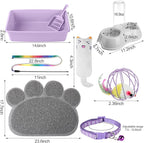 7 Pcs Small Cat Kitten Starter Kit Cat Litter Box with Shovel Paw Litter Mat Double Automatic Kitten Bowls Toy Teaser Stick Collar Essentials Kits for 1-3 Lbs Beginner(Simple,Purple)