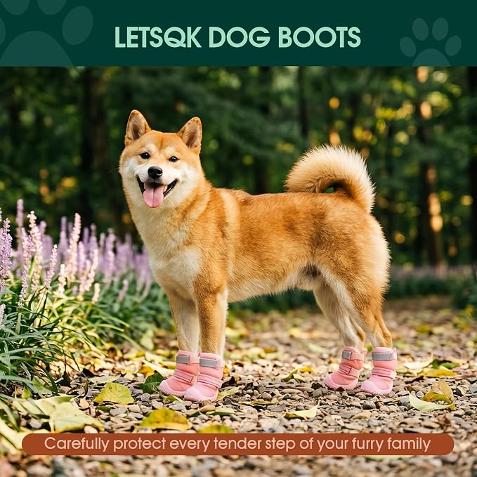 Dog Shoes, Non-Slip Dog Booties for hot Pavement, 4Pcs Pink 4# | Waterproof TPE Sole, Breathable Dog Boots with Reflective Straps, Idear for Hardfloors, Outdoor, Small Medium Paw Protectors
