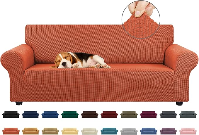 Stretch Couch Covers for Sofa, 3 Cushion Slipcover,Pureed Pumpkin | 1-Piece Washable Sofa Cover Pet Friendly(78"-94") Furniture Protector Soft Jacquard, Elastic Bottom for Dogs & Kids