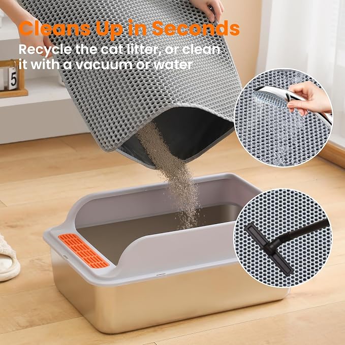 Extra Large Cat Litter Mat, Double Layer Honeycomb Design, Gray | 30x22”, Reduces Litter Tracking, Easy to Clean, Waterproof, Non-Slip, Soft on Paws, Scratch Resistant, Gray, XL