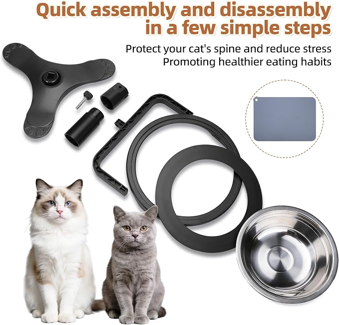 Elevated Cat Bowl with Silicone Food Mat, 3 Height Adjustable, 15° Tilted Cat Bowls Stand with Stainless Steel Bowl for Indoor Cats & Kittens (2 Pack with Mat)，Black