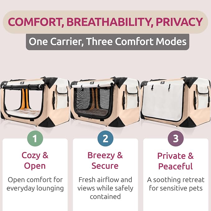 Cat & Dog Pet Carrier, Soft-Sided, Large 24"x16"x16", Fits Large Cat, 2 Cats, or Medium Dog Comfortably, Great for Travel & Vet Visits, Privacy Windows, Removable Bed, Locking Zippers, Foldable
