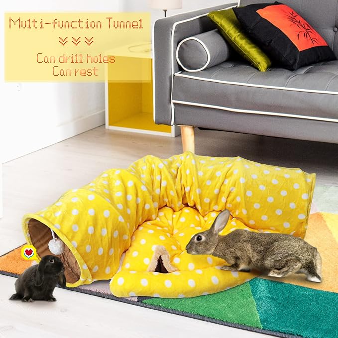 BWOGUE Bunny Tunnel Bed, 2-in-1 Collapsible Rabbit Tunnel Hideout with Mat | Removable Mat for Washing, 46.8 in Length, Ball Toy for Play, Soft Suede Fabric, Cats Rabbits Guinea Pigs