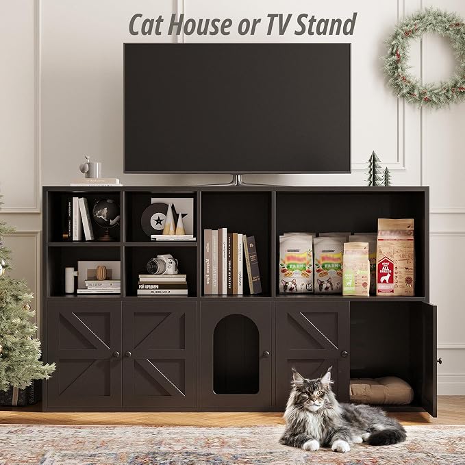 IRONCK Cat Litter Box Enclosure for 2 Cats, Hidden Litter Box Furniture | Double Litter Box Enclosure Cabinet with Double Room and Large Storage Space, Wooden Washroom Furniture, Cat House, Black