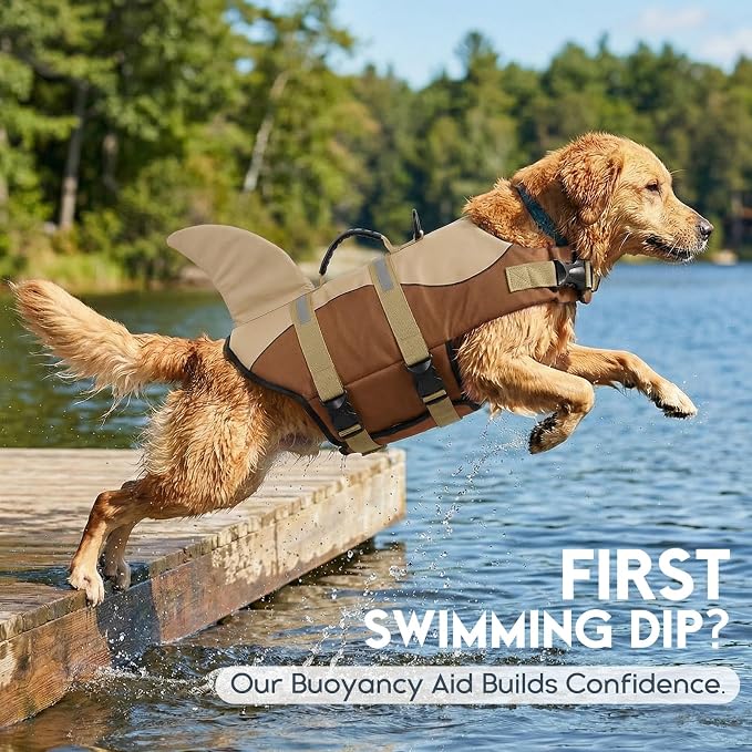 ASENKU Dog Life Jacket - Pet Safety Vest for Swimming & Boating, Shark Life Jacket with Floatation, Dog Lifesavers Swimsuits for Small Medium Large Dogs (Brown, XS)