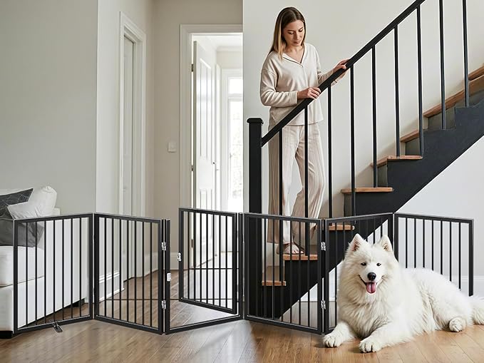 Vantas 120" x 24" Foldable Freestanding Extra Wide Dog Gate with Door,Black | Pet Gate for Stairs and Doorways, Renter Friendly No Drill, Indoor Pet Fence Extra Wide, Easy Storage, With Support Feet
