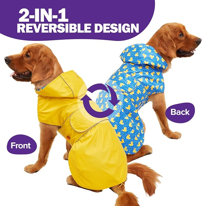 Kimee Dog Raincoat Reversible, Single Side Slicker Poncho Adjustable Waterproof Dog Rain Jacket with Leash Hole/Reflective Stripe Hooded Snowproof Windproof Clothes for Small to 3X-Large Dogs, XL