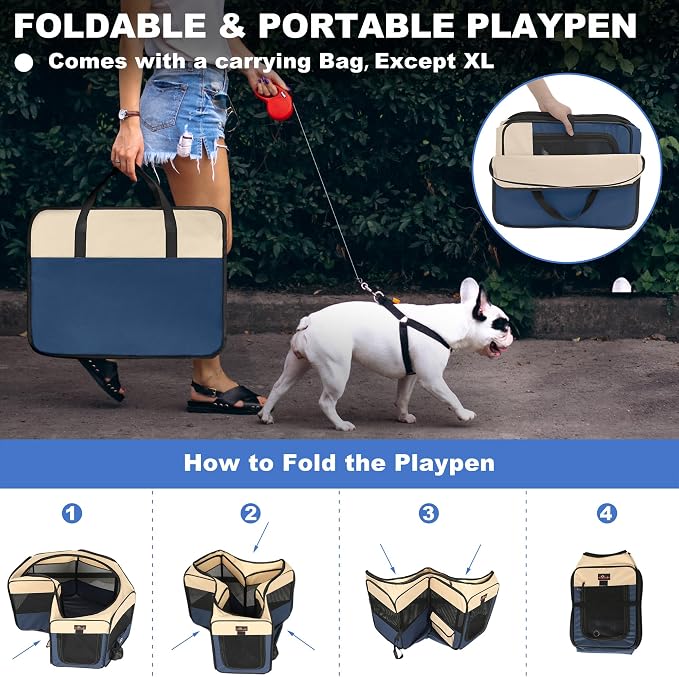 Aivituvin Dog Playpen, Foldable Pet Play Pens with Carrying Bag for Cat, Puppies, Rabbits, Portable Dog Tent Crates Cage for Travel Camping Indoor Outdoor, Removable Shade Cover, Blue M