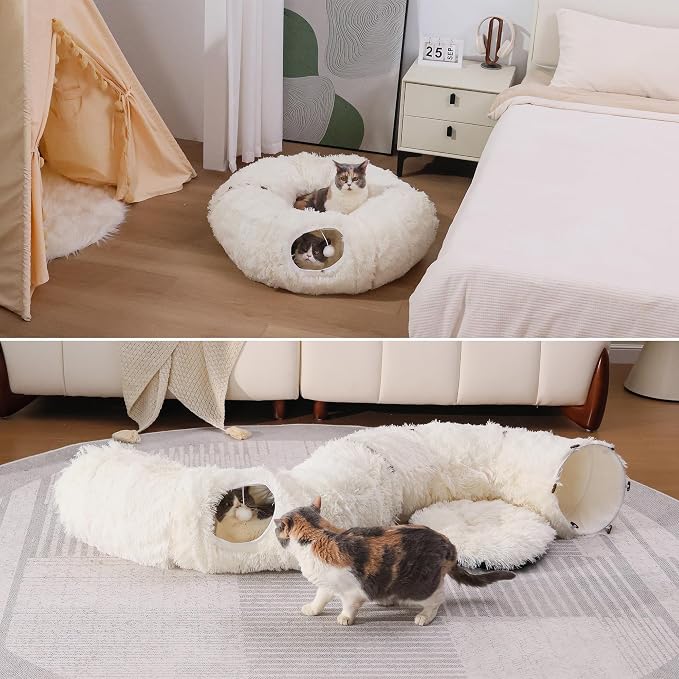 Plush Cat Tunnel Bed for Indoor Cats with Soft Cushion, Multi-Shape Play Cave with Hanging Balls, Large and Foldable Cat Donut Tunnel for Small and Large Pets (White)