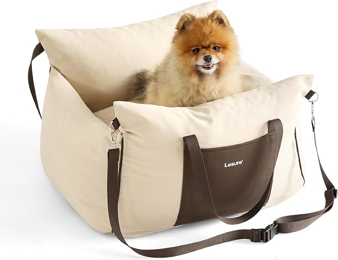 Lesure Small Dog Car Seat for Small Dogs - Dog Booster Seat for Car with Waterproof Bottom, Clip-On Safety Leash and Thickened Memory Foam Filling, Pet Carseat Puppy Travel Carrier Bed, Beige