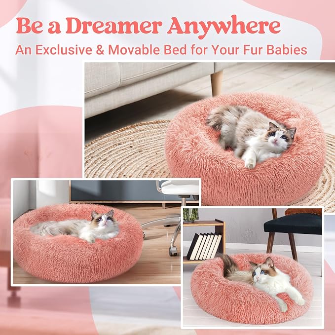 rabbitgoo Calming Cat Beds for Indoor Cats, 20 inches, Pink | Soft Warm Donut, Fluffy Faux Fur, Supportive Raised Rim, Anti-slip, Machine Washable, Up to 15lbs Kittens & Small Cats