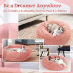 rabbitgoo Calming Cat Beds for Indoor Cats, 20 inches, Pink | Soft Warm Donut, Fluffy Faux Fur, Supportive Raised Rim, Anti-slip, Machine Washable, Up to 15lbs Kittens & Small Cats