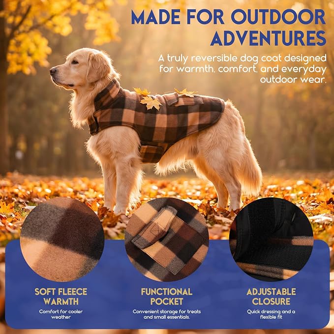 ASENKU Reversible Dog Winter Coat, Dog Jacket for Small Medium Large Dogs | Windproof Plaid Fleece Lining for Cold Weather, Water-resistant Outer Shell, Puppy Puffer Vest with Leash Hole, Coffee L