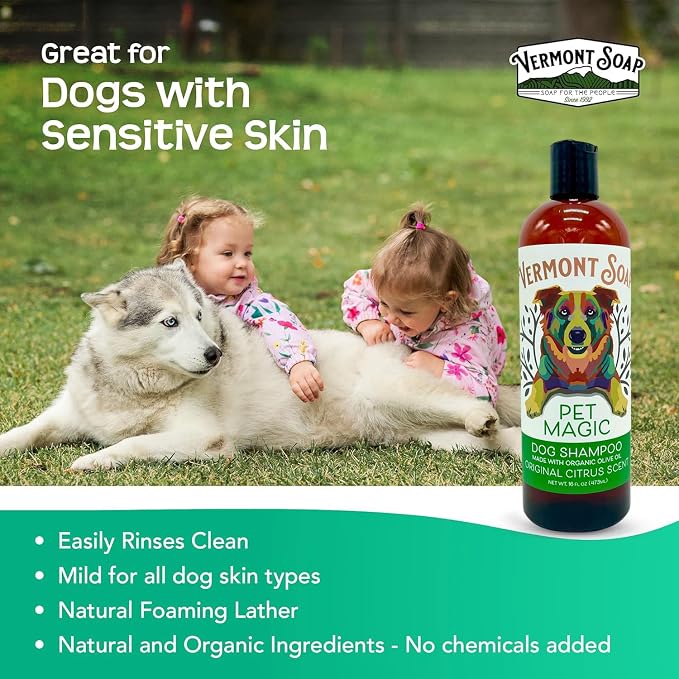 Vermont SOAP Organics Pet Shampoo - Infused with Organic & Natural Olive Oil, Coconut & Aloe Vera Dog Shampoo for Sensitive Skin - USDA Certified Grooming Pet Shampoo - Original Citrus (16oz) | Original Citrus scent, organic olive oil, coconut & aloe v...