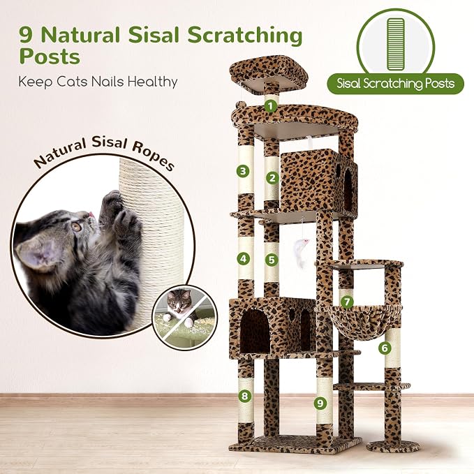 Globlazer Giant Cat Tree, 83 inch Cat Tree for Indoor Cats Large Adult, XXL Cat Tower with 9 Scratching Posts for 20lb+ Heavy Duty Large Adult Cats, F83, Leopard Print