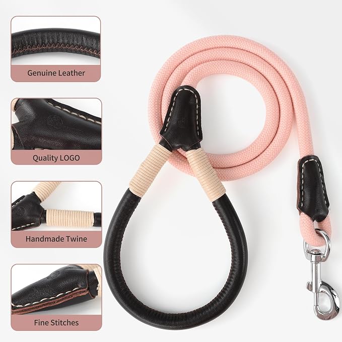 Mile High Life Pink Dog Leash with Genuine Leather Handle, 4/5/6 FT | Rope Leash, Heavy Duty 360° Swivel Metal Clasp, for Small Medium & Large Dogs (Light Pink, 72 Inch)