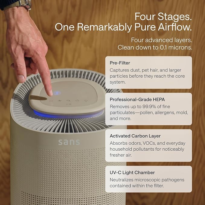 Sans Air Purifier Mini for Large Rooms (Up to 490 Sq Ft) True HEPA & | Activated Carbon Filter for Allergies, Pets, Dust, and Odors | Quiet 25dB Operation with UV-C Light & Lights-Out Mode (Sand)