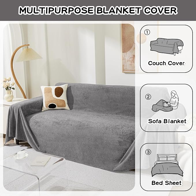 Couch Cover for 3 Cushion Couch Cat Scratch Proof Sofa Covers Washable Couch Protector Sectional Couch Covers for Dogs Soft Couch Cover Blanket Sofa Slipcover for Pets Kids, 91" x 134", Grey