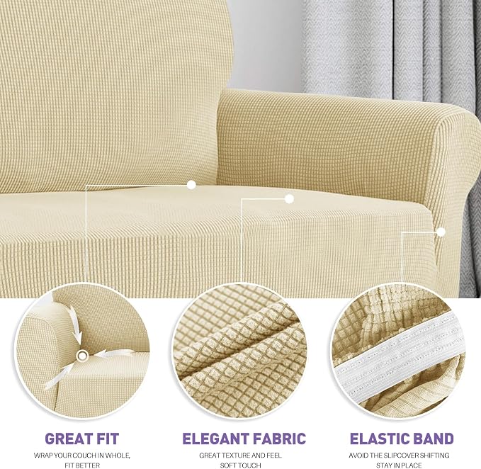 ZNSAYOTX Super Stretch Couch Cover (72"-92") Universal Sofa Covers with Elastic Bottom, Dog Cat Pets Friendly Washable Furniture Protector Fitted Sofa Slipcovers Stay in Place (Beige, Sofa)