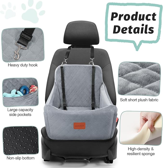 Lealchum Dog Car Seat for Medium Dogs Up to 40lbs,Fully Detachable and Washable,Easy to Install with Adjustable Straps,Anti-Slip Base Travel Car Bed for Pets,2 Side Pockets(Grey,Medium)