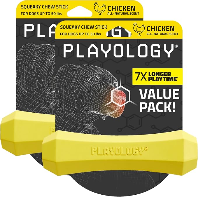 Playology Dog Toys | Squeaky Chew Stick for Dogs, Value 2-Pack | Chicken Scented Medium Fetch Toy | Squeaky Dog Chew Toy