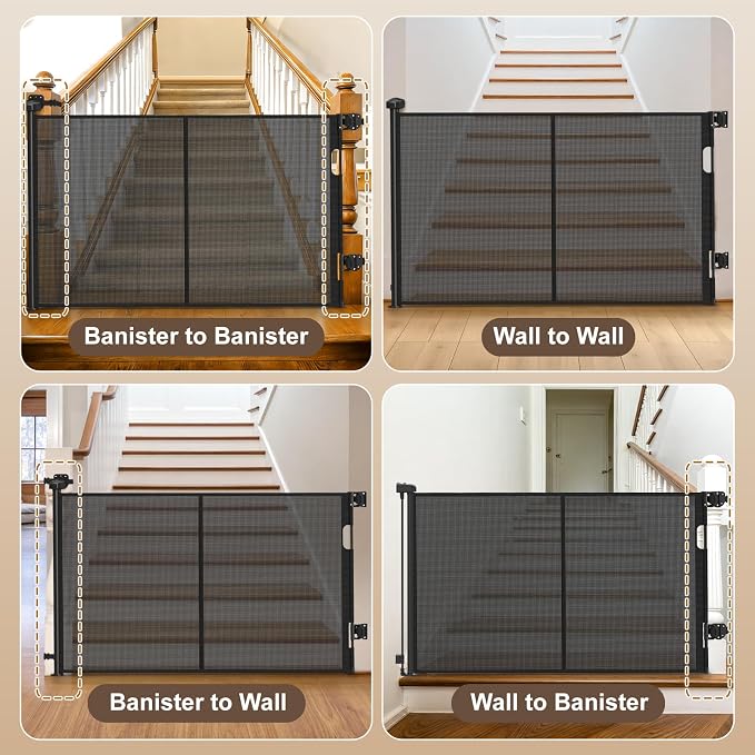Upgraded Retractable Baby Gates for Stairs & Banister, Mesh Dog Gate Indoor, Extends to 55" Wide 33" Tall, Child Safety Gate for Stairway, Banister & Wall Mount (Black)