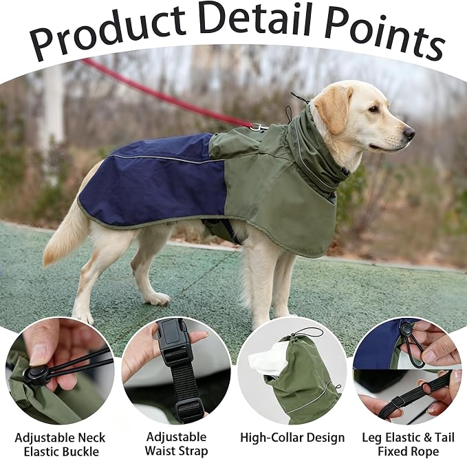 MAMORE Dog Raincoat with High Collar - Waterproof Adjustable Dog Rain Jacket, Lightweight Reflective Pet Rain Coat for Small Medium Large Dogs for Outdoor Walking Hiking (Green&Navy, Medium)