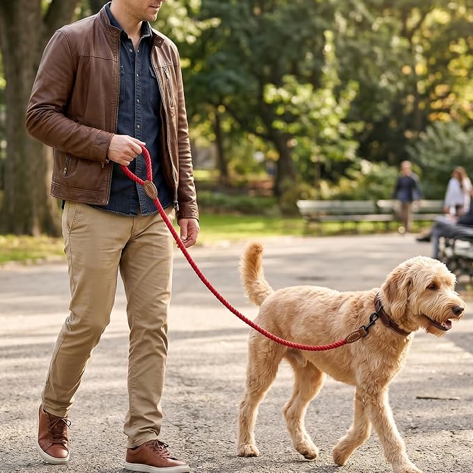 Mile High Life Dog Leash Braided Cotton Rope with Leather-Reinforced Ends | Rust-proof 360° swivel clasp, Heavy-duty for medium/large breeds. Great for weddings, daily walks (4 FT, 1/2", Red)