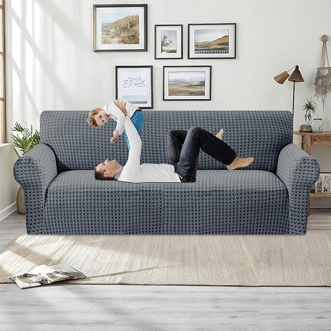 MAXIJIN Stretch Couch Cover Sofa Covers for 3 Cushion Couch (71"-91" Washable Sofa Slipcovers with Non-Slip Foam & Elastic Strap, Dog Cat Pet Friendly Furniture Protector (Large, Dark Gray)