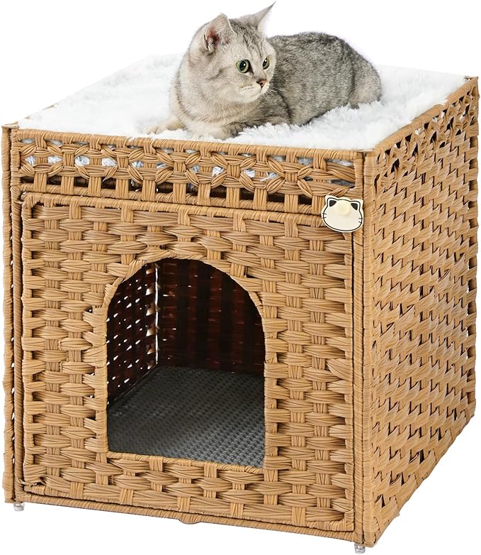 SETVSON Cat Litter Box Enclosure Furniture, Hidden Rattan PE House, Natural | Handwoven PE Rattan with One Bed Pad, Reversible Litter Mat, 2 S-Hooks, 18.5 x 20.5 x 19.1 Inches Spacious Cabinet