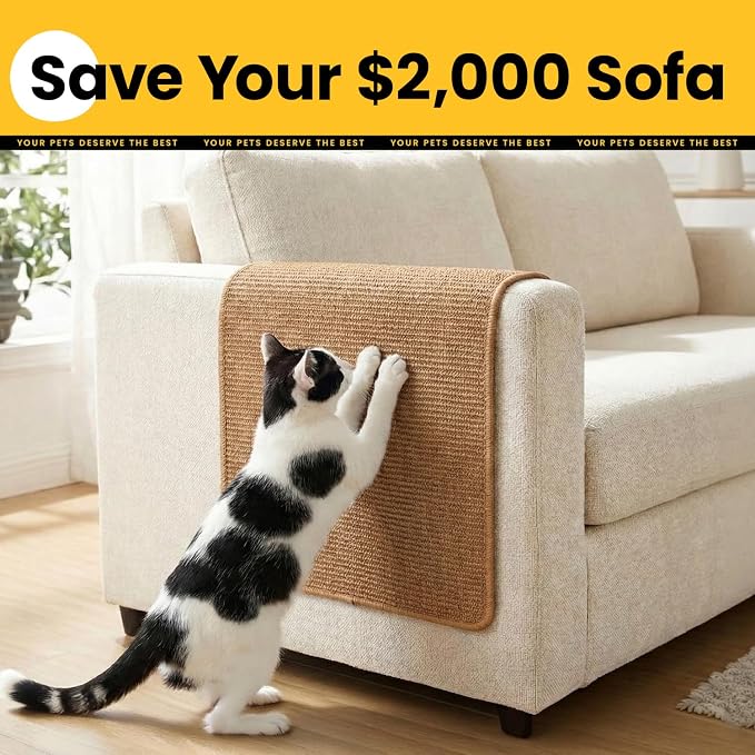 Conlun 2-Pack Cat Scratching Pads, 15.7x23.6in Sisal Wall & Couch Protector | High-density Sisal Mat, No Fraying, Mess-free, Anti-slip Backing, Adhesive Strips for Easy Mounting, Brown