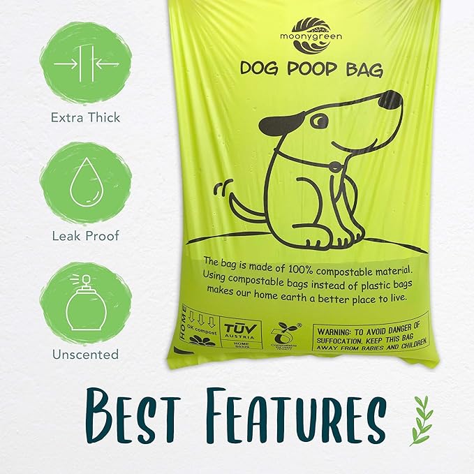 Dog Poop Bag with Holder, Compostable Dog Bags for Poop, Vegetable-Based Doggy Poop Bags, Eco-Friendly, Unscented, Extra Thick and Leak Proof, 120 Counts, 10 Rolls, 9 x 13 Inches