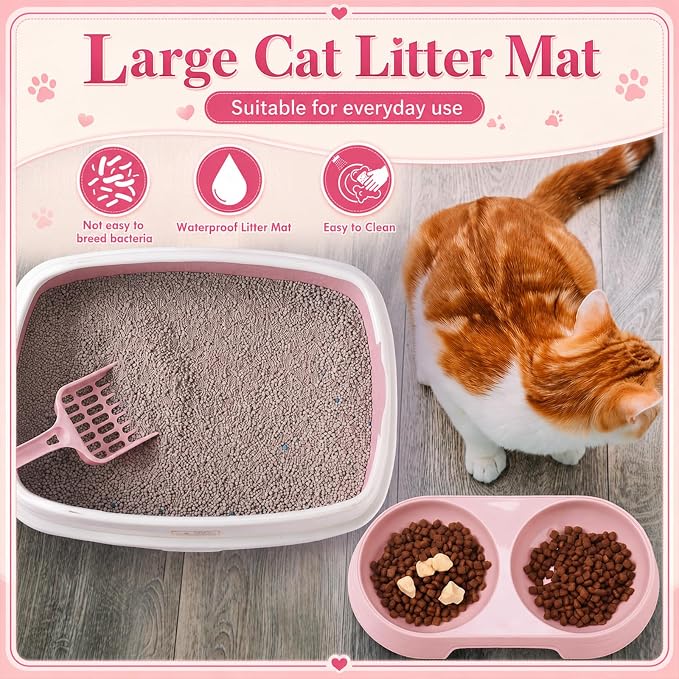 Sliner 7 Pcs Kitten Litter Box Starter Kit, 2 Plastic Small Kitty Litter Box Training Low Entry with Scoop, 2 Double Cat Bowl and Mat for Kitten Indoor (Pink)