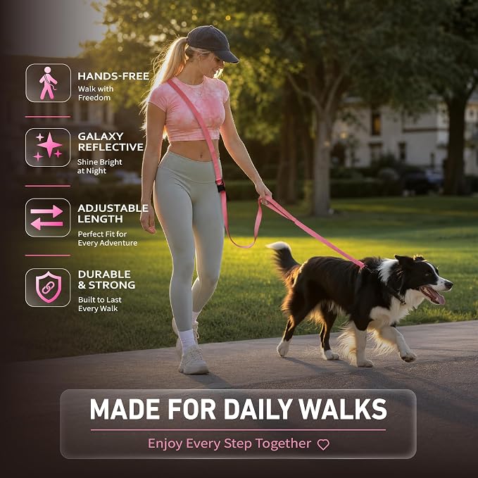 Hands Free Dog Leash,Galaxy Reflective, Crossbody Dog Leash,Pink | Galaxy Reflective • Crossbody Carry • Soft Velvet Handles • Stylish Design