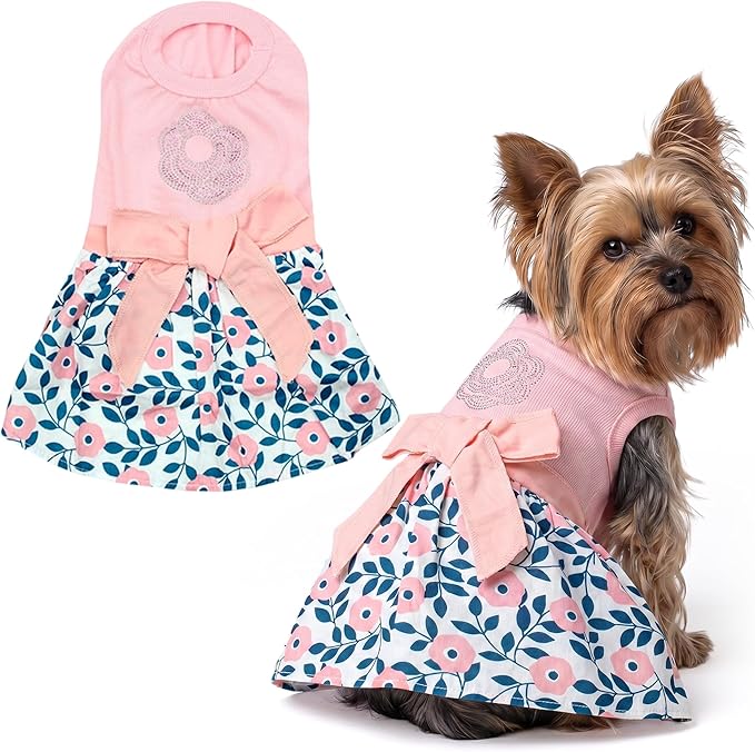 Parisian Pet Cherry Blossom Dog Dress - Elegant Floral Clothes for Small Dogs Girl - Stylish Pink Dog Outfit - Lightweight and Soft Puppy Clothes - Formal Pet Apparel - Designer Dresses for Dogs