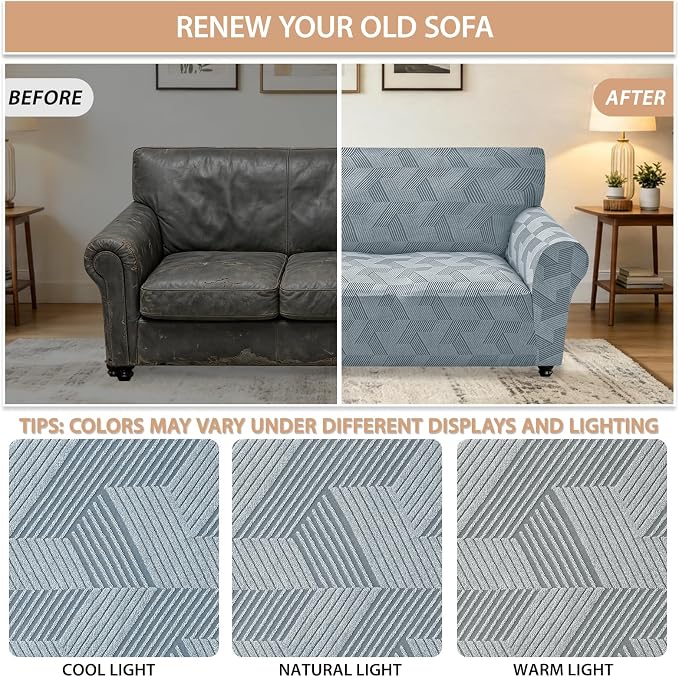 ZNSAYOTX Stretch Couch Covers for 3 Cushion Couch, 1-Piece Sofa Cover Slipcover Pet Friendly, Furniture Protector with Elastic Bottom for Dogs Geometrical Jacquard Fabric (Large, Light Grey)