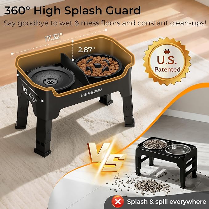 URPOWER Mess Proof Elevated Dog Bowls 4 Height Adjustable Raised Stand | No Spill Water Bowl, Slow Feeder Dog Bowls, Non-Slip Food and Water Bowl Set for Small, Medium & Large Dogs