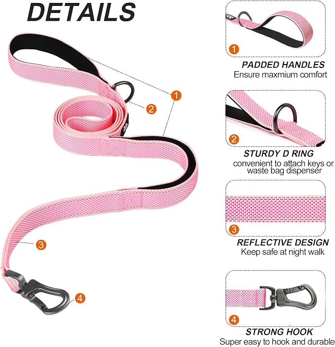 Twoear 6FT 1IN Heavy Duty Dog Leash for Large Dogs with 2 Padded Handles | Traffic Handle Extra Control, Auto Lock Hook, Strong Reflective Walking Leash for Night Safety, Medium and Large Breeds,Pink