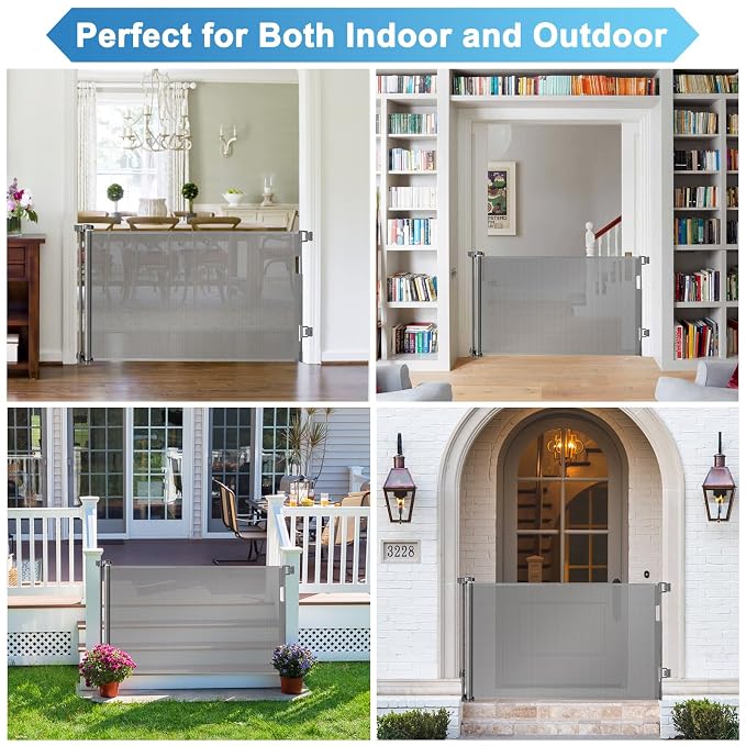 55 Inch Wide Retractable Baby Gate Mesh Dog Gate, Indoor & Outdoor, Gray | Retractable Gate for Stair/Doorway, Space-Saving, Easy One-Hand Operation, Safety Lock, Scratch-Resistant Mesh, Easy Install