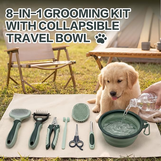 Thalirem 8-in-1 Dog Grooming Kit with Collapsible Travel Bowl | Portable grooming tools and storage bag for dogs and cats at home or outdoors