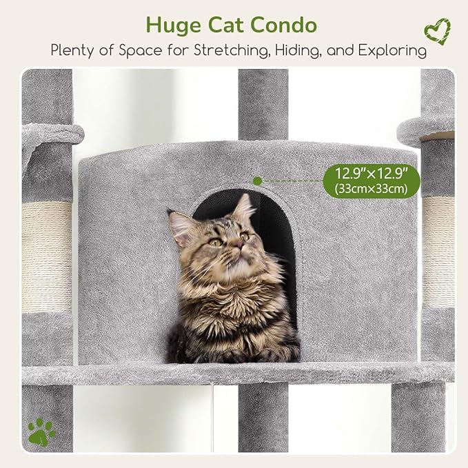 Globlazer Corner Cat Tree Tower for Indoor Cats, 51in Multi-Level Cat Condo Tower with Large Hammock, 7 Sisal Scratching Posts, Oversized Top Perch, Spacious Cat Cave, Hanging Basket, C51, Light Gray