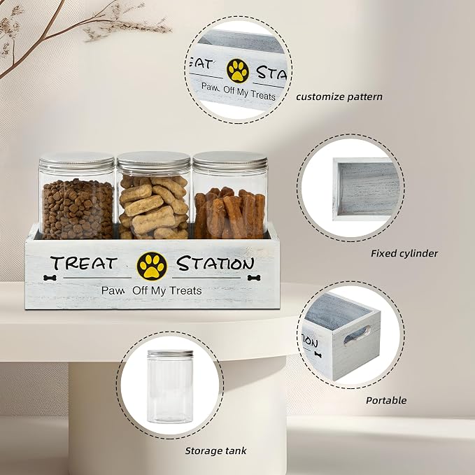 Dog treat container for Countertop Cat Organization and Storage with 3 Jars Pet Accessories Storage Decorative Dog Treat Station Farmhouse Decor Gift for Pet