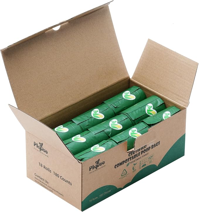 Pkpoo 100% Compostable Dog Poop Bags with Handles, Extra Wide, Vegetable-Based Large Poop Bags for Dogs, Biodegradable Waste Bags for Poo, Cat Litter, Diaper Sacks, Unscented, 180 Counts