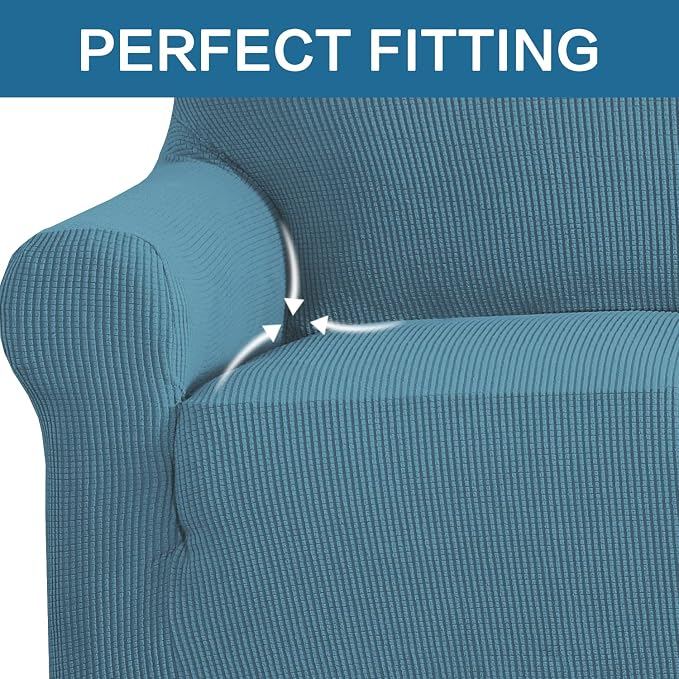 H.VERSAILTEX Stretch Sofa Covers 4 Seater Sofa Slipcovers for Living Room Feature Thick Checked Jacquard Fabric with Elastic Bottom, Sofa X-Large - Storm Blue